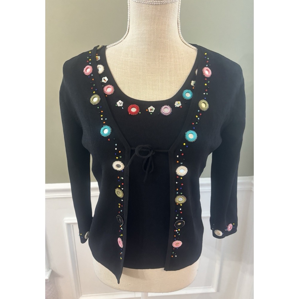 Joseph A. Black Twin Set Cardigan Shell Mirror Beaded Embroidered Small Vintage